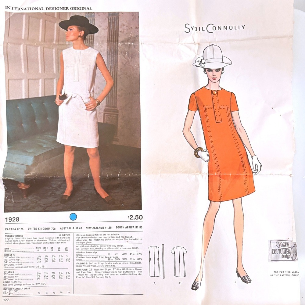 Vogue 1928 Couturier Sybil Connolly Mod Shift Dress Sz 10 Catalog Pg Uncut